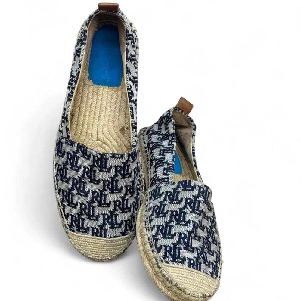 Lauren Ralph Lauren Cameryn II Monogram Jacquard Espadrilles Navy Cream 9.5